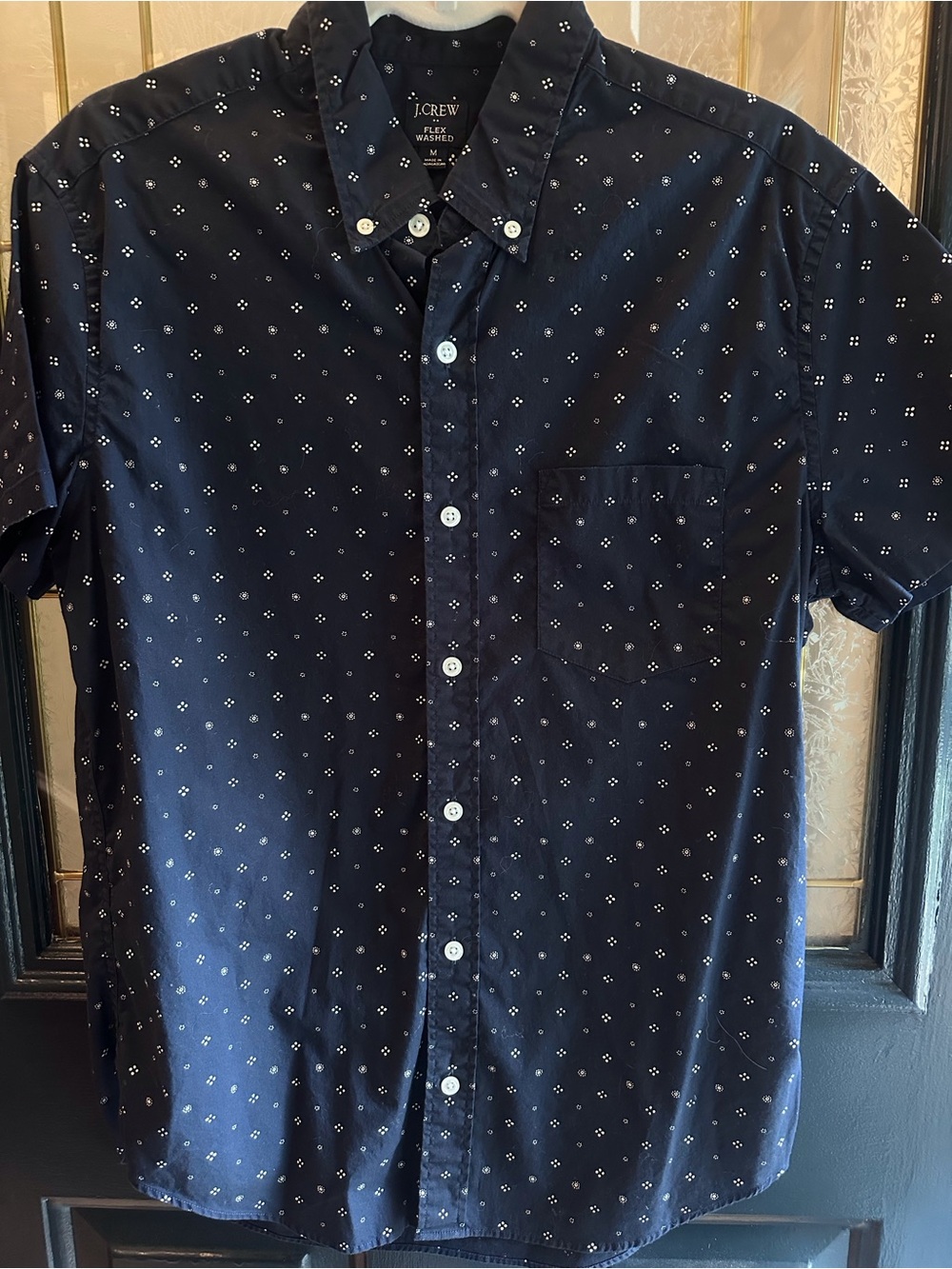 J. Crew Navy Short-Sleeve Button-Down with White Micro Diamond Print